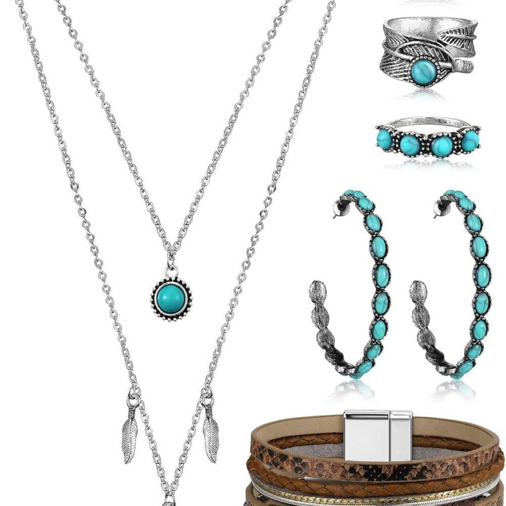 Western Jewelry Set Turquoise Women Pendant Necklace Earrings Bracelets Rings